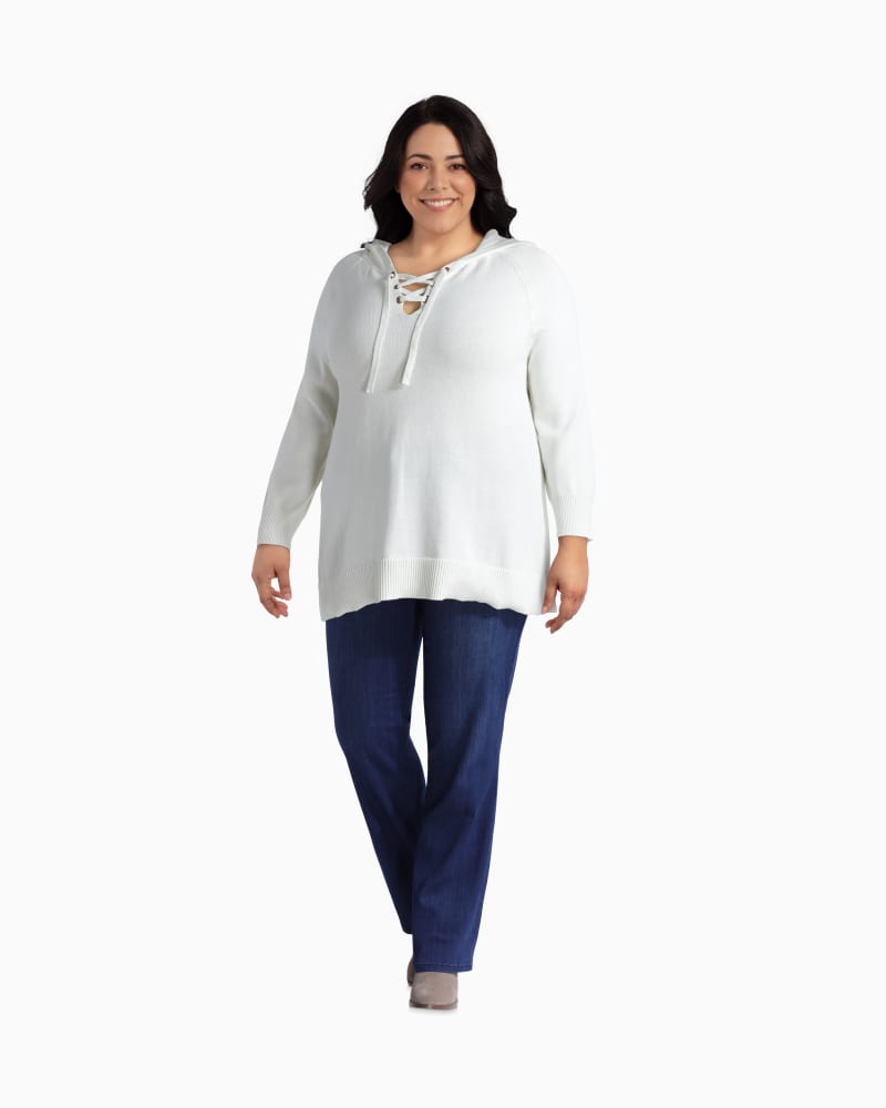 Plus size model with rectangle body shape wearing Reyes Laced Hoodie Sweater by Molly&Isadora | Dia&Co | dia_product_style_image_id:112377